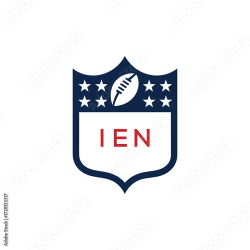 IEN American Football Logo Design. IEN Modern Sports Shield Emblem with Stars and Ball for Football Club IEN Tournament and Team Branding.
