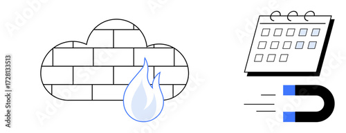 Brick-patterned cloud with a flame icon, grid-thumbs up calendar, and magnet with lines of attraction. Ideal for cybersecurity, scheduling, data management, productivity, planning, workflow simple