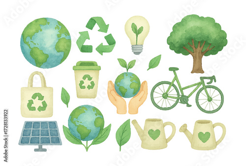 set of green eco icons environment watercolor vector clipart