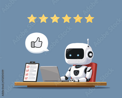 로봇이 노트북으로 긍정적인 고객 평가를 받고 다섯 개의 별을 받으며 만족감을 표현합니다.