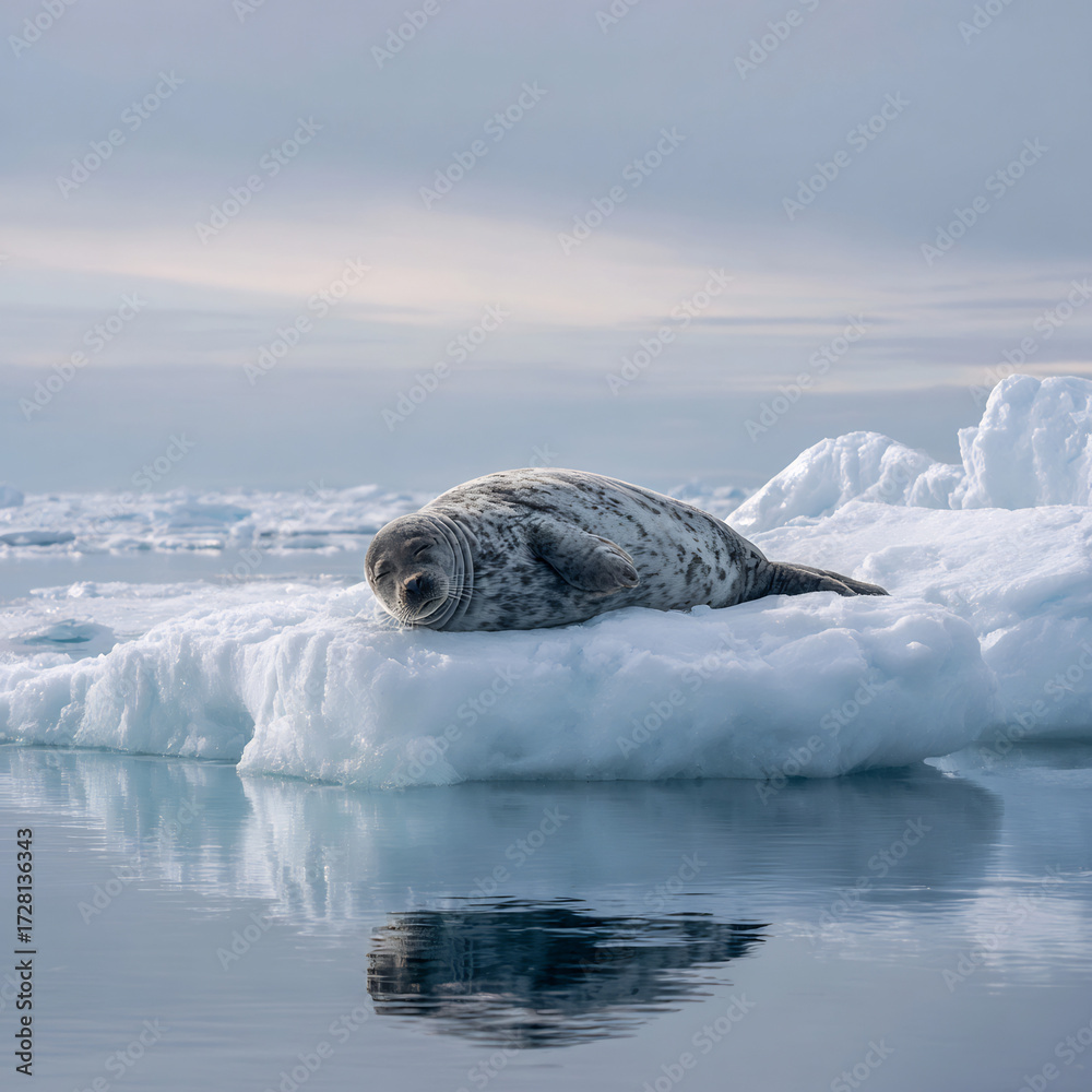 Fototapeta premium Spotted seal resting peacefully on a large ice floe in the calm arctic ocean with water reflections.