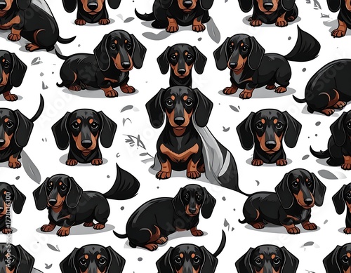 Seamless pattern of black and tan dachshunds on white background