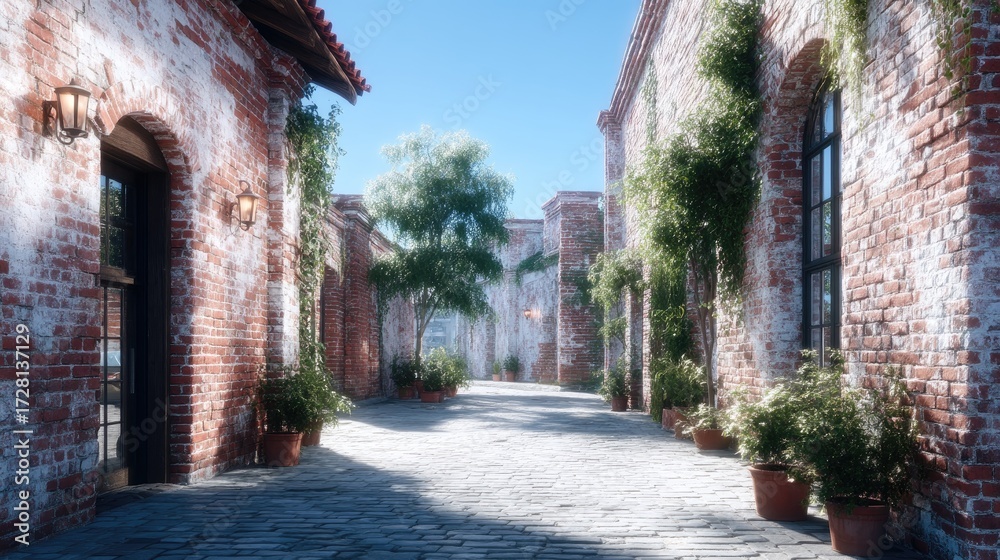 Obraz premium Quaint European Street with Red Brick Buildings and Lush Greenery Under Bright Sunlight