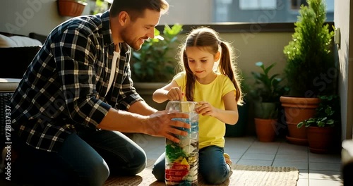 Father and daughter create a recycling project on the balcony, teaching environmental awareness