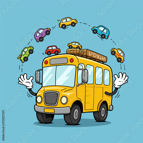 Smiling yellow cartoon school bus with expressive eyes and raised gloved hands, surrounded by colorful toy cars and a physics crate on a light blue background.