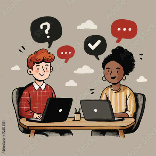 두 명의 사람이 노트북을 사용하여 아이디어와 질문을 공유하는 모습을 벡터 그래픽으로 표현하여 협업과 소통의 중요성을 강조합니다.