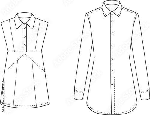 Fashion flat sketch of women’s shirt dress and long sleeve shirt design template, clothing technical drawing, apparel illustration, garment fashion outline