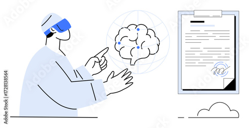 Person using VR headset analyzing a digital brain with data nodes, pointing to interactive interface. Ideal for technology, neuroscience, research, innovation, AI, education, digital solutions