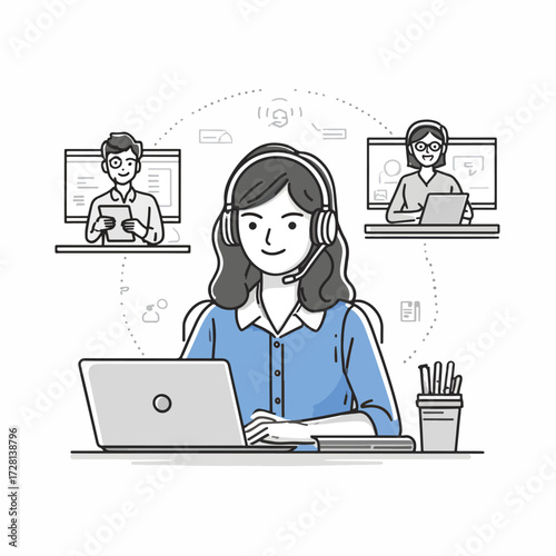 콜센터 상담원들이 고객 문의에 응대하며 전문적인 지원을 제공하는 모습을 간결한 벡터 그래픽으로 표현했습니다.