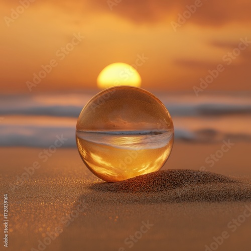 Stunning crystal ball reflecting vibrant sunset over calm ocean waves, a serene beach scene perfect for travel and mindfulness campaigns