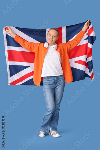 Young woman with UK flag on...