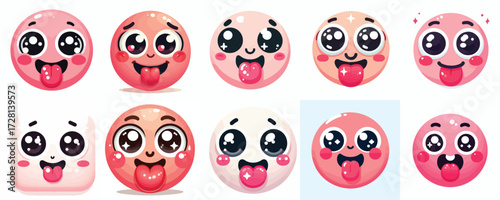 Cute and adorable pink emoji face. Vector, illustration, design, icon set.
