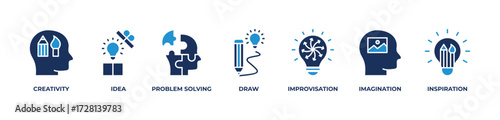 Creative Imagination Hub Icons set vector illustration  blue with Creativity, Idea, Problem solving, Draw, Improvisation, Imagination, Inspiration