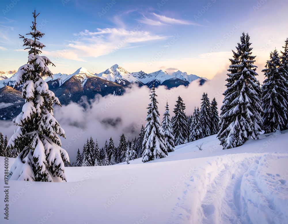 Fototapeta premium Snowy mountain vista at dawn