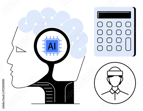 Human head with AI chip, calculator, and virtual reality figure. Ideal for technology, innovation, automation, artificial intelligence, futuristic development, machine learning simple flat metaphor