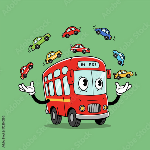 Smiling red cartoon bus with raised gloved hands juggling colorful toy cars in a green background.