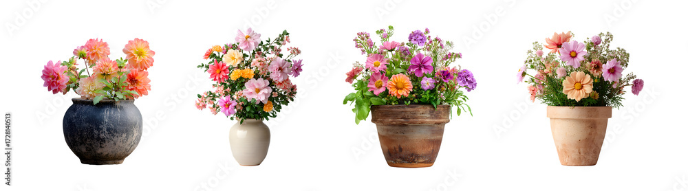 Fototapeta premium Set of four beautiful flower bouquets in different vases isolated on white.
