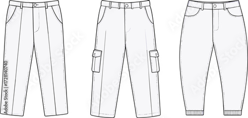 Fashion vector illustration of different pants styles, casual trousers, cargo pants, jogger pants, flat sketch technical drawing for apparel design