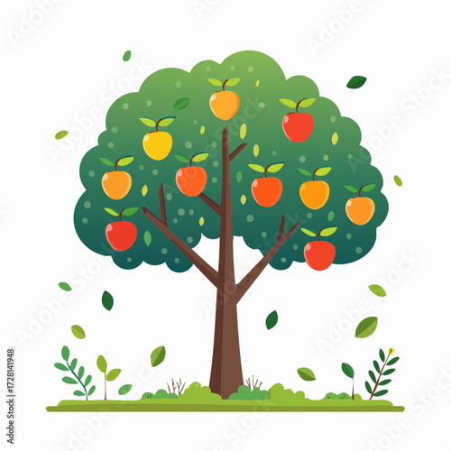 Apple tree with colorful fruits and falling leaves.