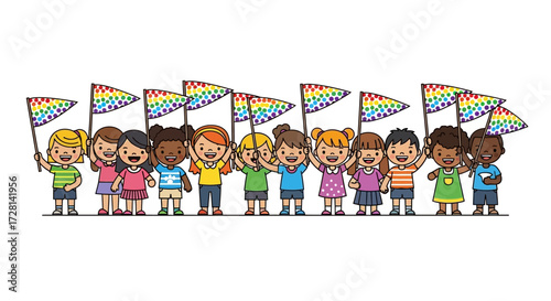 Diverse group of children joyfully parade with rainbow flags illustration on white backdrop
