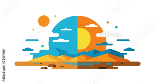 Minimalistic Day and Night Landscape Depicting Contrasting Scenery with Geometric Elements