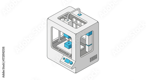 Isometric illustration showcasing a modern 3D printer creating a blue cube