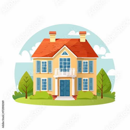 Charming TwoStory House with Red Roof and Blue Shutters.