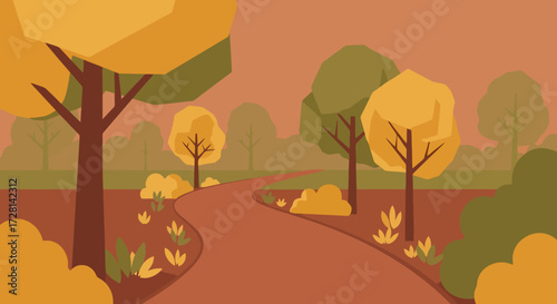 Serene Autumn Landscape Illustration Featuring a Winding Path Through Trees in Warm Tones, Perfect for Backgrounds, Invitations, and Fall-Themed Design Projects.
