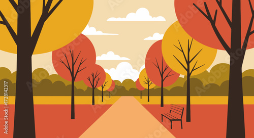 Serene Autumn Park Landscape with a Path, Trees, and a Bench, Ideal for Illustrating Seasonal Change and Calm Outdoor Environments.
