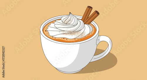 Cozy Autumn Beverage Illustration Featuring Pumpkin Spice Latte with Whipped Cream and Cinnamon Sticks, Ideal for Seasonal Promotions and Restaurant Menus.