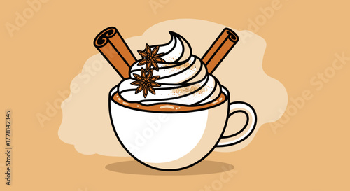Cozy Pumpkin Spice Latte Illustration with Whipped Cream and Cinnamon Sticks, Perfect for Fall Promotions and Seasonal Menu Designs