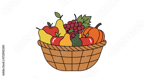 Bountiful Harvest Basket Overflowing with Autumn Fruits, Perfect for Fall Celebrations and Seasonal Recipes, Ideal for Thanksgiving and Harvest Festival Designs.
