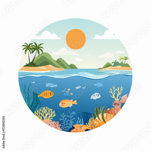 Tropical Island Underwater Scene Illustration.