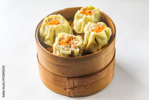 dim sum in bamboo basket, isolated on white background.chinese food.asian food.