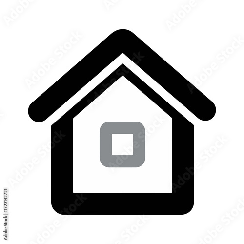 Minimalist house icon with a clean, modern design. A simple black and grey graphic symbol representing home, property, and real estate