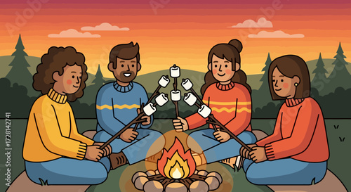 Cozy campfire gathering with friends roasting marshmallows under a vibrant sunset, perfect for illustrating outdoor adventures, camping trips, or friendship moments