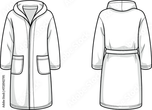 Front and back view bathrobe with hood, clothing flat sketch, garment fashion illustration, loungewear robe template, technical apparel drawing design