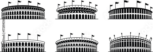 Black and white stadium icon set, vector sports arena illustration, symmetrical architectural design, flag-topped building silhouette, minimal structure graphics