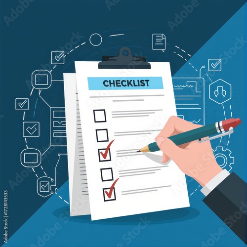 Businessman using pen to tick correct sign mark in checkbox for quality document control checklist and business approve project concept Check mark filling out digital form checklist Online exam ui int