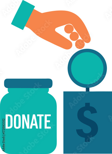 Hand putting money into donation box isolated on white background