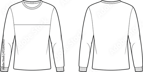 Front and back view sweatshirt long sleeve fashion flat sketch, casual apparel template, clothing technical drawing, garment design illustration, pullover top