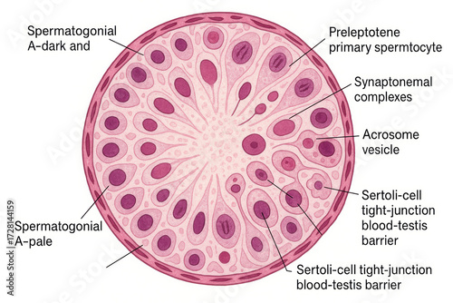 Microscopic cross-section of a testicular seminiferous tubule, illustrating spermatogenesis and Sertoli cell function.