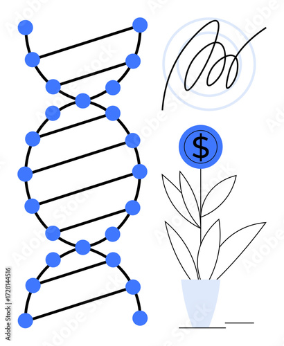 DNA double helix and sprouting money plant with a dollar icon represent biotech innovation, sustainability, genetics, bioengineering, growth, healthcare economy, and funding solutions. Minimalist