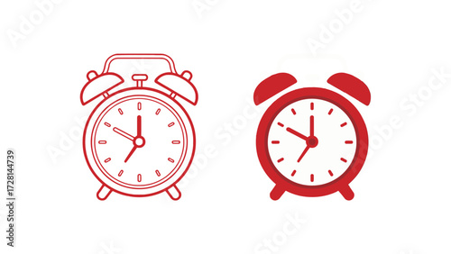 Alarm Clock Icon Outline and Solid Red Graphic Symbol for Time Management, Deadline, Reminder, Wake Up, and Punctuality Concept Vector Illustration