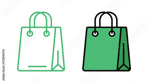 Reusable Paper Shopping Bag Icon Outline and Solid Green Shape for Retail, Eco-friendly, Store, Consumerism, and Sustainable Commerce Vector Illustration