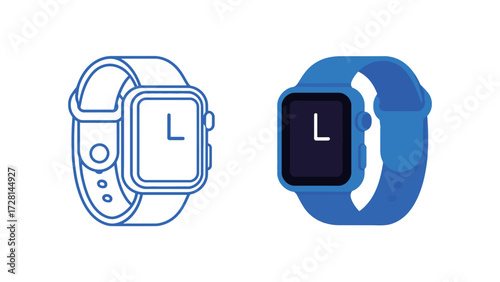 Digital Smart Watch Icon Outline and Solid Blue Graphic Device for Time, Fitness Tracker, Health, Technology, and Mobile Connectivity Vector Illustration