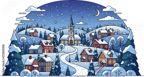 Serene winter night scene depicting a snow-covered village with a central church and surrounding