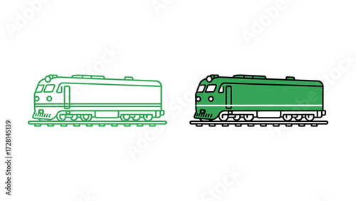 Freight Diesel Train Locomotive Icon Outline and Solid Green Graphic Symbol for Cargo, Railway Transport, Shipping, Logistics, and Industrial Power Vector Illustration