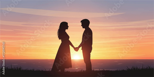 Romantic Couple Holding Hands Illustration, Warm Sunset Silhouette