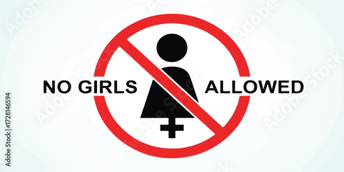 Striking illustration of a â€œNo Girls Allowedâ€ symbol featuring a crossed female icon with clean shapes and strong colors